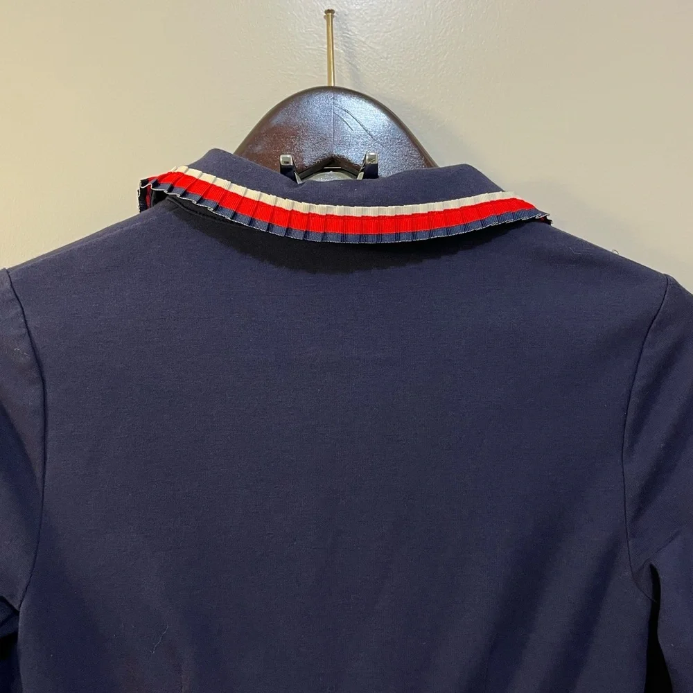 BODEN Navy Blue Shift Dress Red/White/ Blue Pleated Detail Neck & Pocket Size 6P - Picture 4 of 7